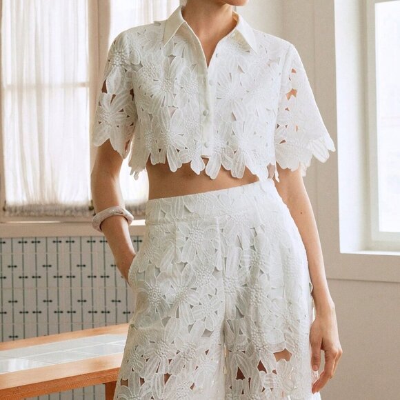 White Preppy Women's Woven Embroidered Short Sleeve Crop Top Pants Set - Picture 7 of 8